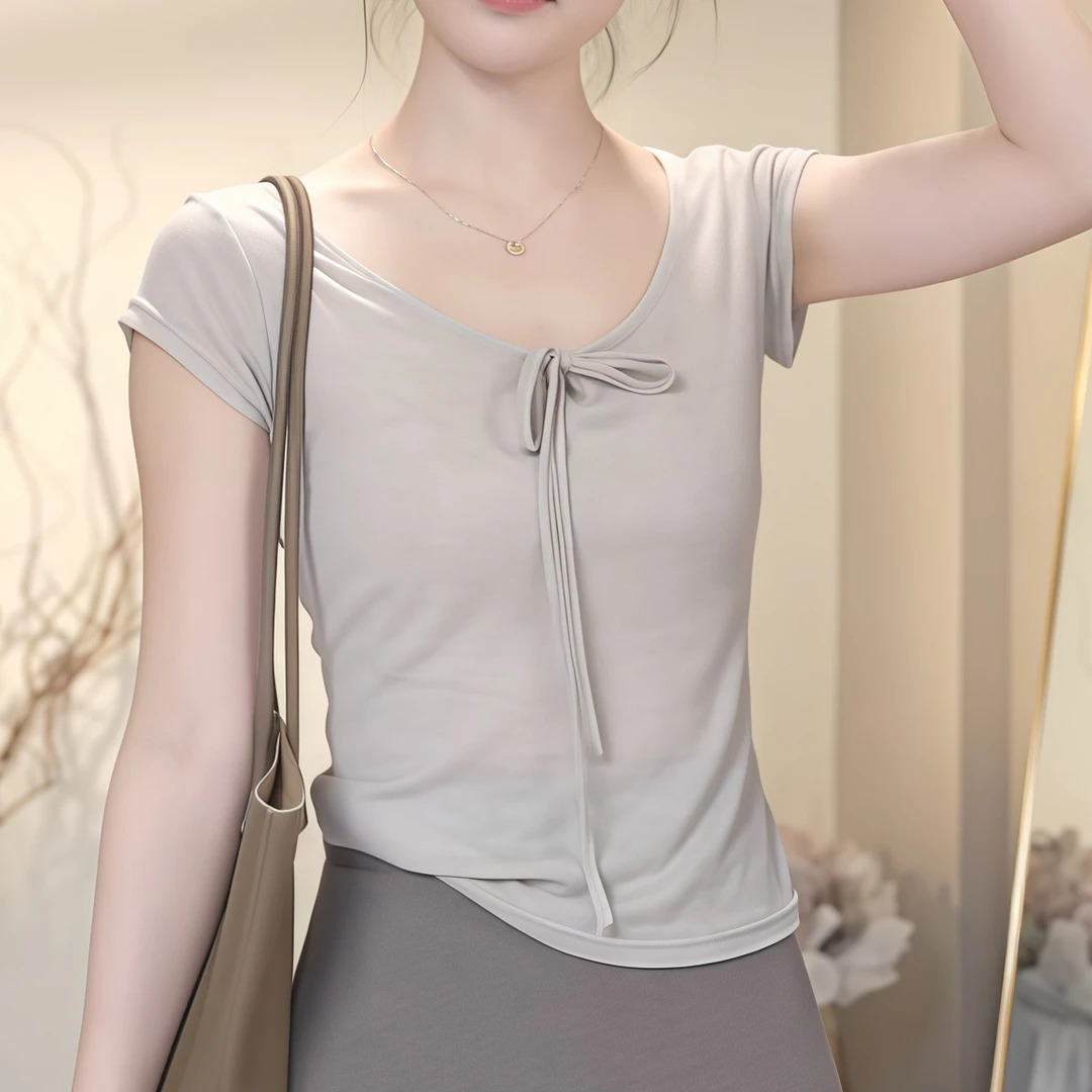 韩系纯欲风u领短袖t恤女夏季小个子修身显瘦简约纯色短款辣妹上衣