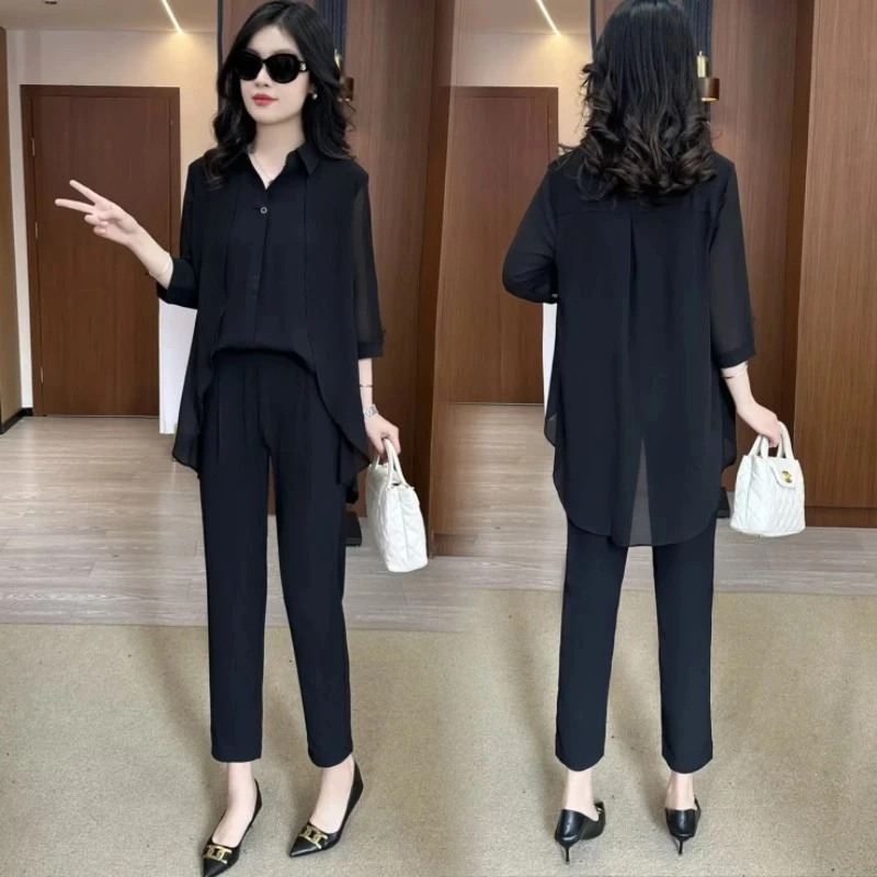 时尚套装女士夏季新款洋气轻薄雪纺衬衫搭配阔腿裤职业休闲两件套