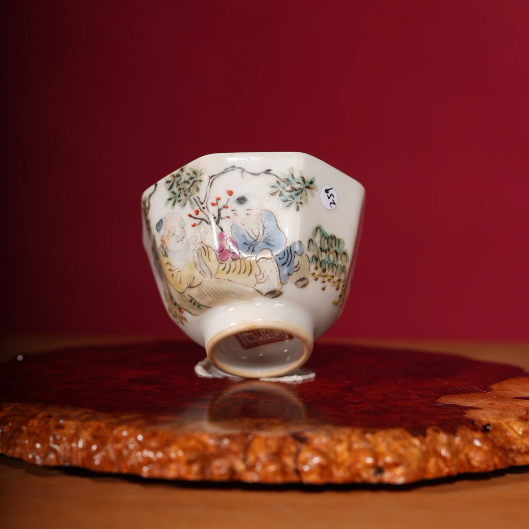 259清同治浅绛彩人物八方杯 文物商店 明清老瓷器 非仿古工艺品