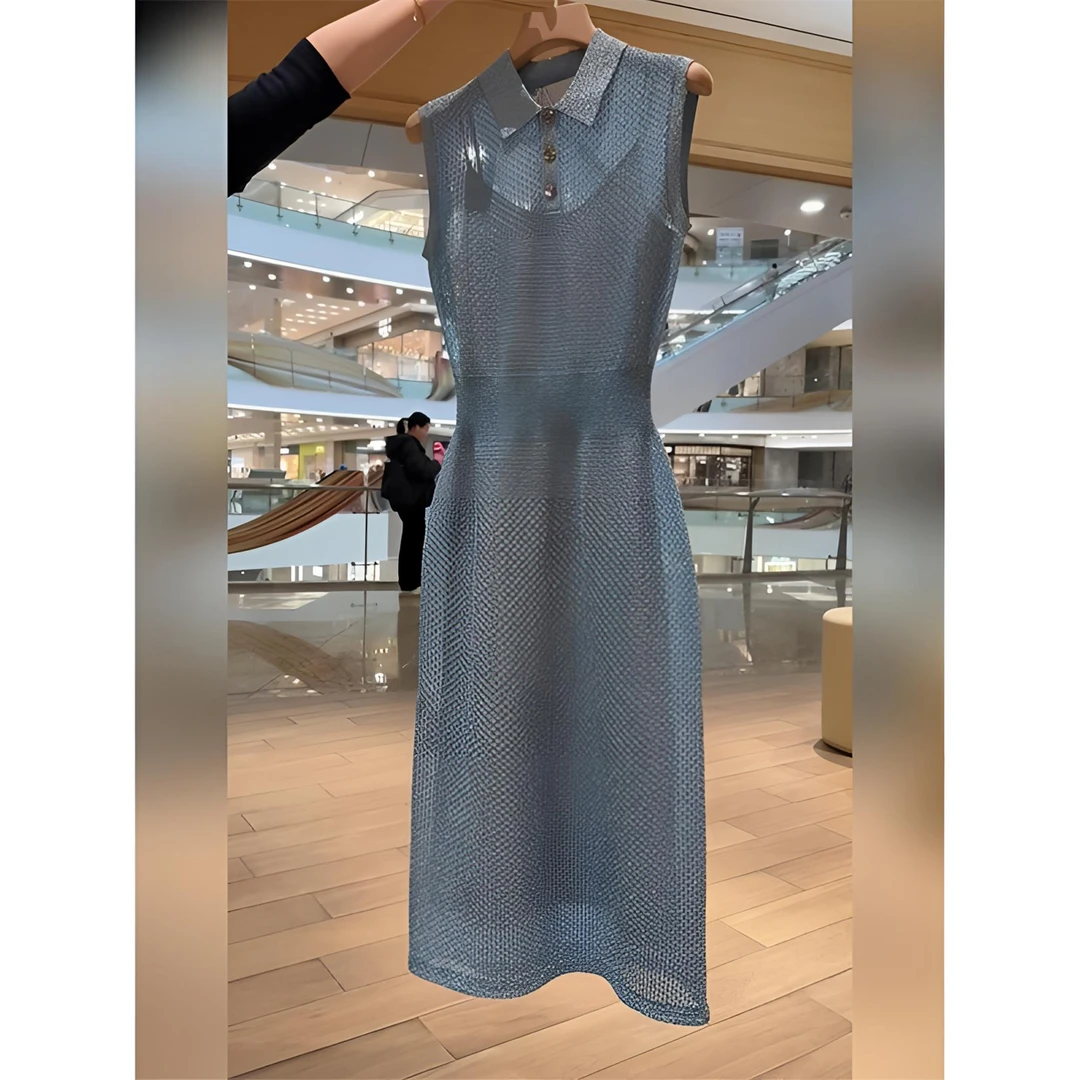 法式时尚气质百搭显瘦无袖连衣裙女2025年夏季中长款翻领直筒裙子