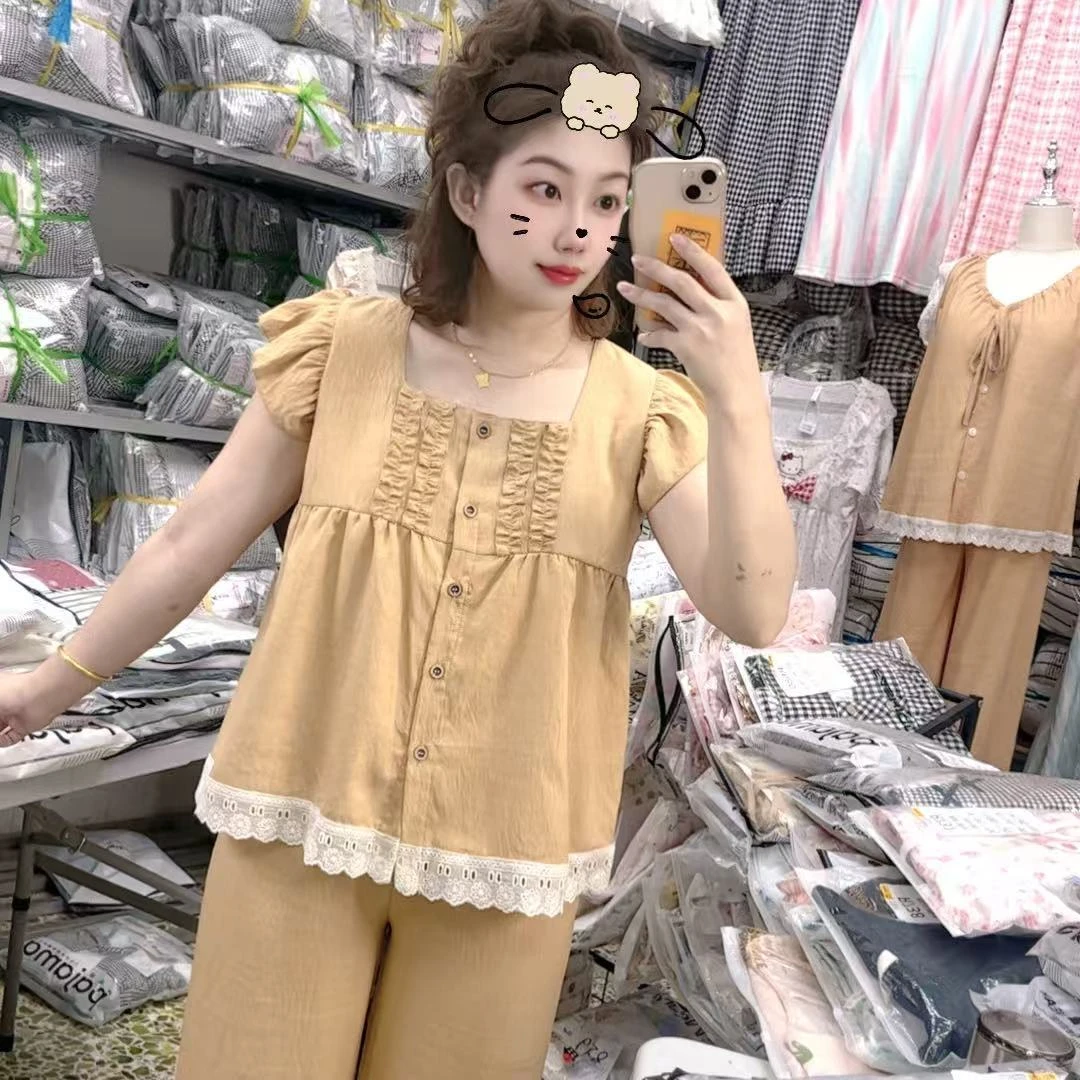 【R750】夏款气质卡其吊带款短裤+长裤三件套+胸垫【开衫款】睡衣