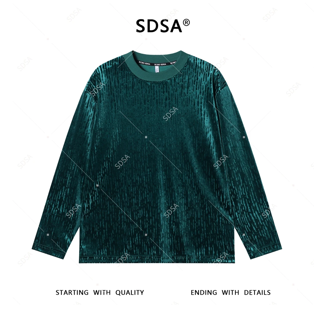 SDSA男士2025新款轻奢痞帅男装美式简约植绒设计圆领长袖T恤潮牌