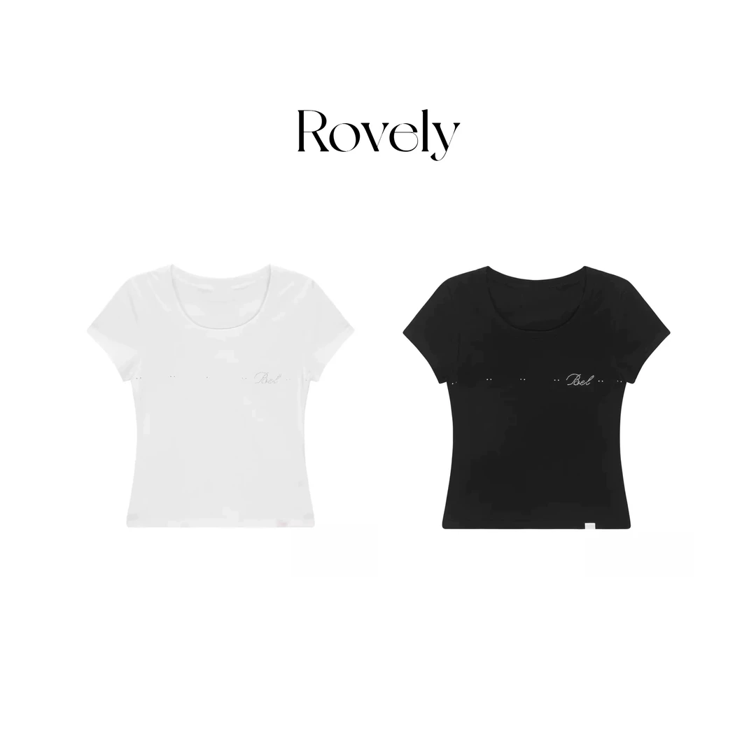 Rovely【金秋天同款烫钻短袖】原单定制ins百搭修身圆领短袖T