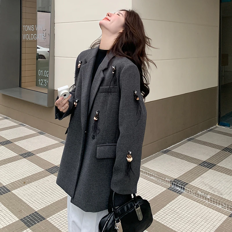 灰色高级感西服毛呢外套女2024冬季新款气质羽绒内胆西装保暖大衣