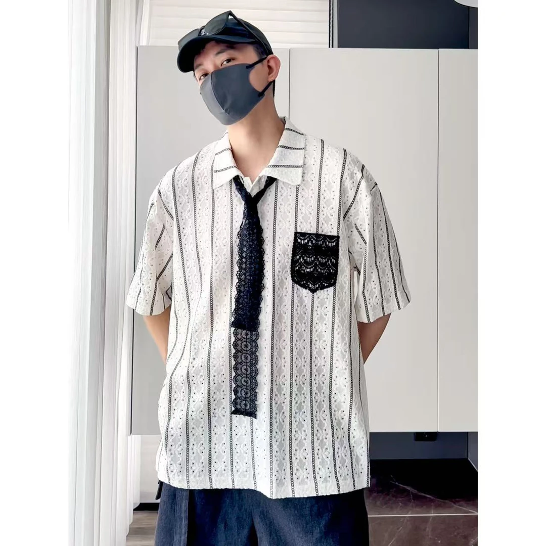 大圣圣 夏季日系复古宽松文艺条纹提花镂空休闲短袖衬衫男FRA6742