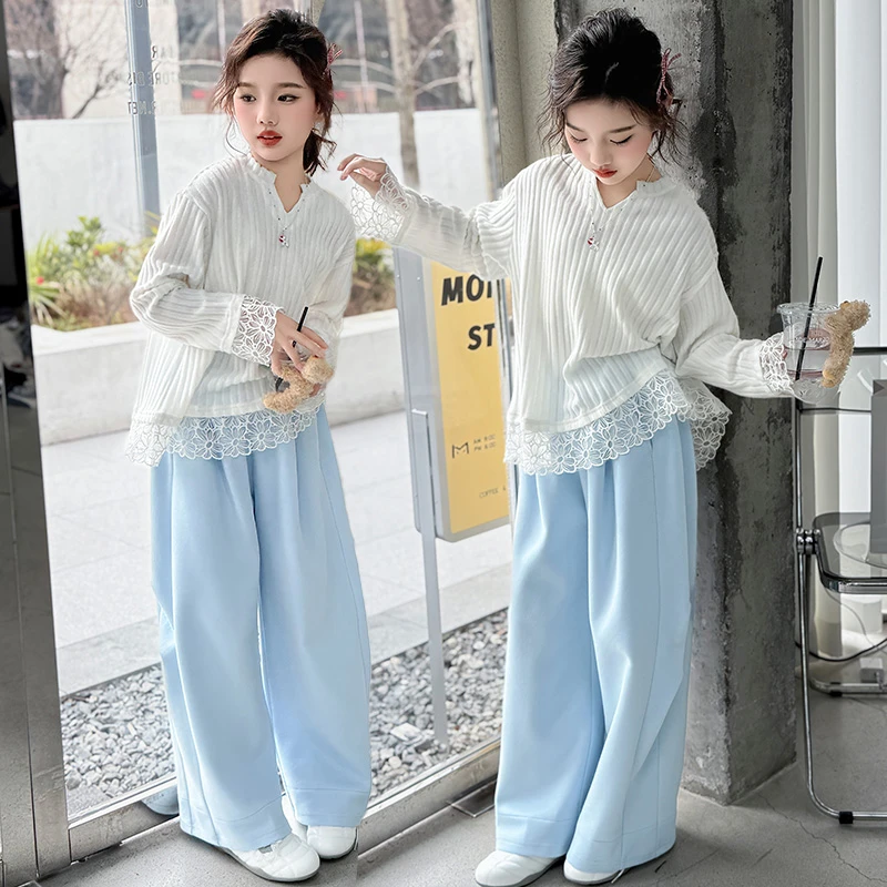 女童中长款蕾丝拼接长袖套装2025春季新款女大童针织阔腿裤两件套