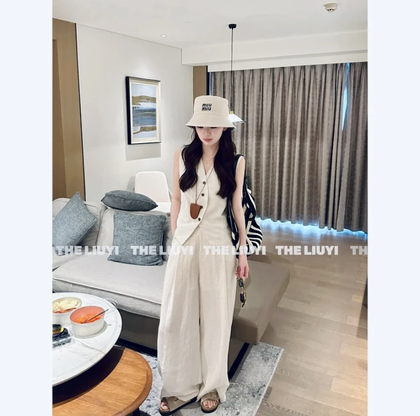莱赛尔亚麻老钱风套装女v领无袖马甲背心夏季阔腿裤两件套2562