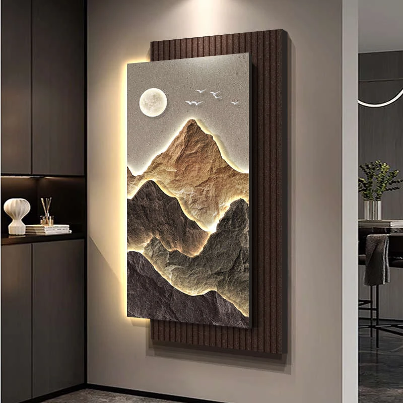 现代轻奢入户玄关装饰画日照金山发光壁灯画走廊过道立体砂岩挂画