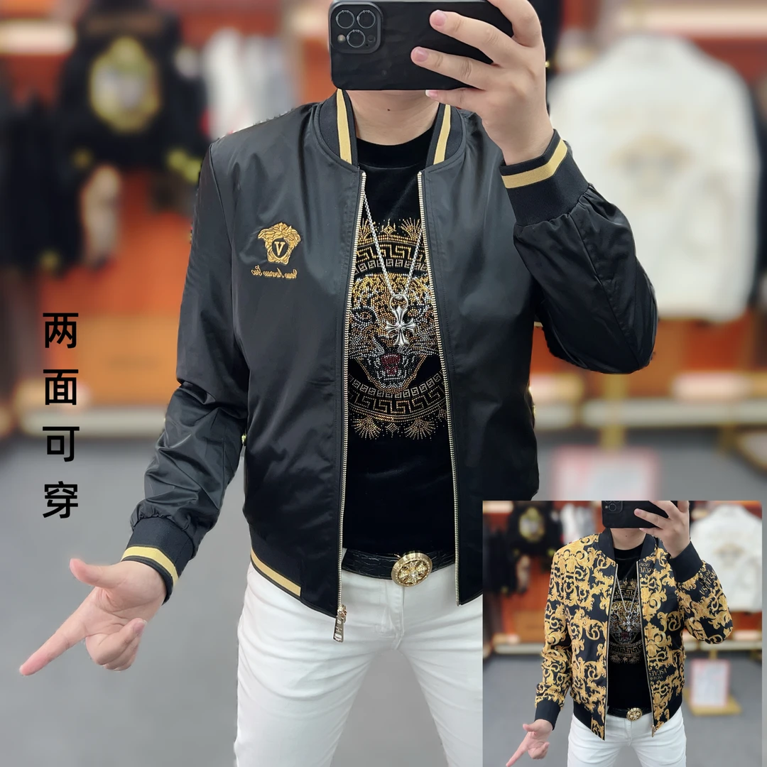 男士棒球领外套秋季商务休闲刺绣修身长袖时尚夹克潮流两面可穿
