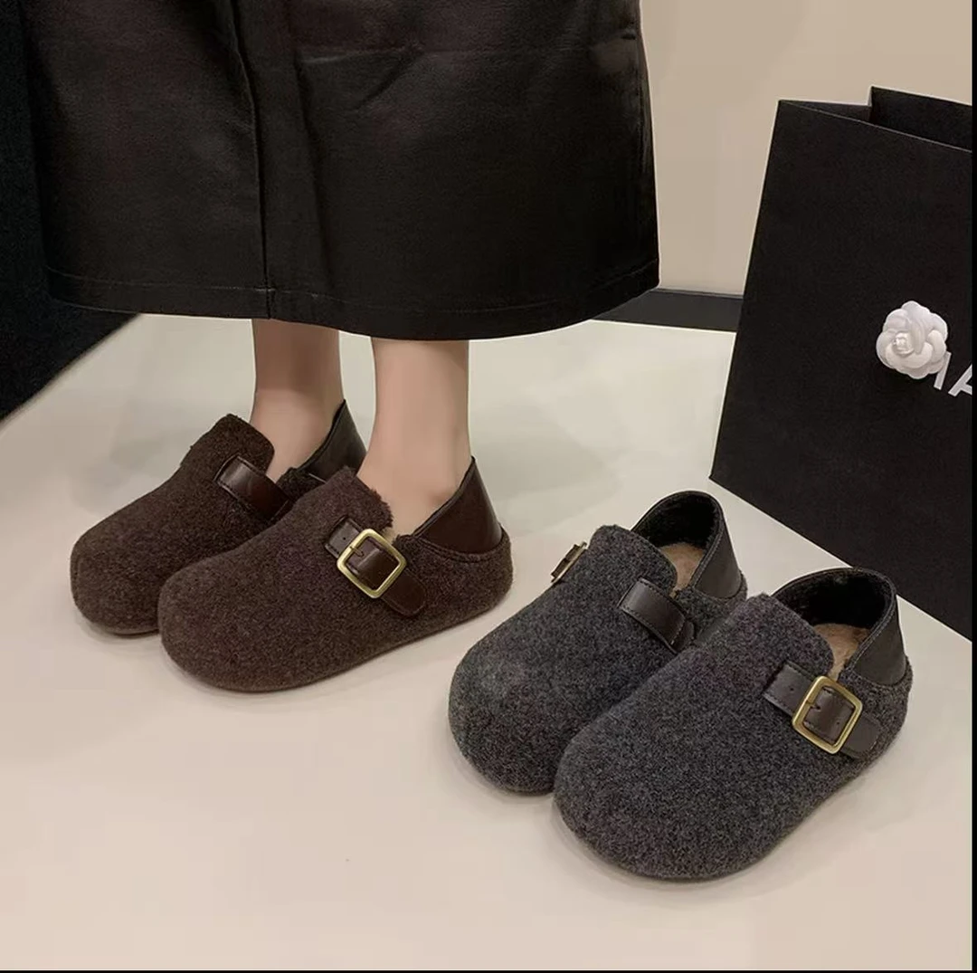 2025秋冬新品毛呢款勃肯鞋厚底，两穿款底高4厘米加绒百搭棉鞋增高