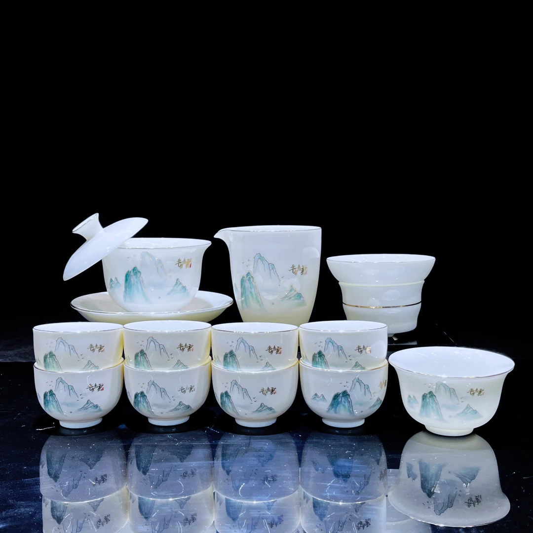 【玄致】中国白羊脂玉瓷平步青云茶具套装山水简约