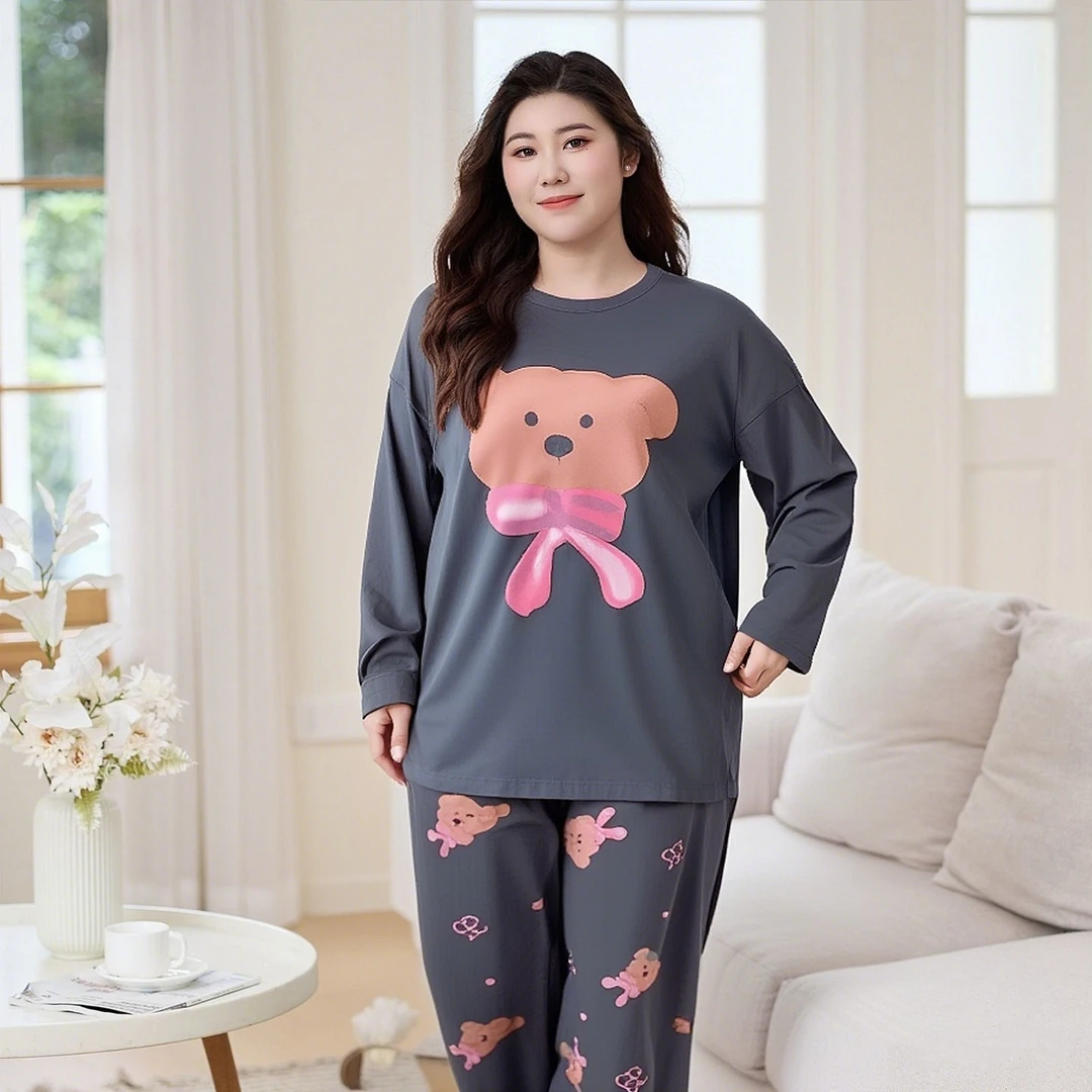 春秋季特大码长袖纯棉睡衣女加肥加大码胖mm200斤休闲家居服套装