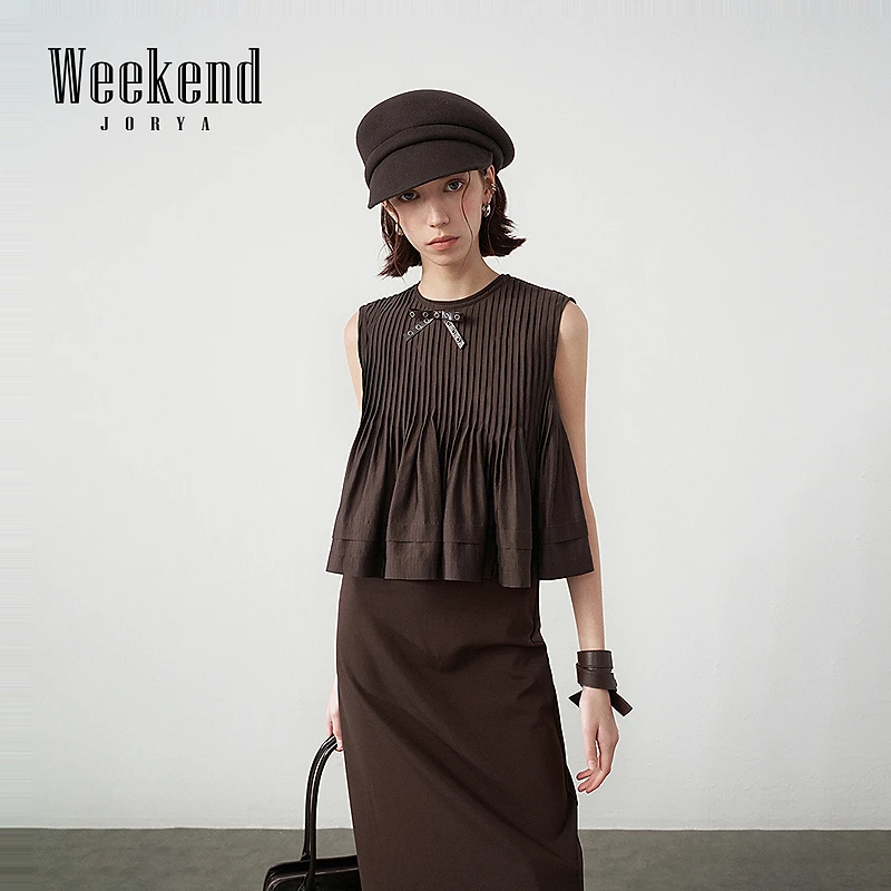 【商场同款】卓雅周末25夏新款复古风琴褶收腰A字无袖上衣R220208A