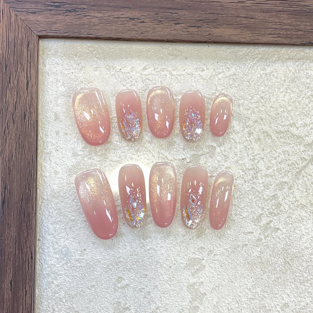 【粉黛】裸色纯手工夏日显白彩色极光猫眼穿戴甲美甲贴片