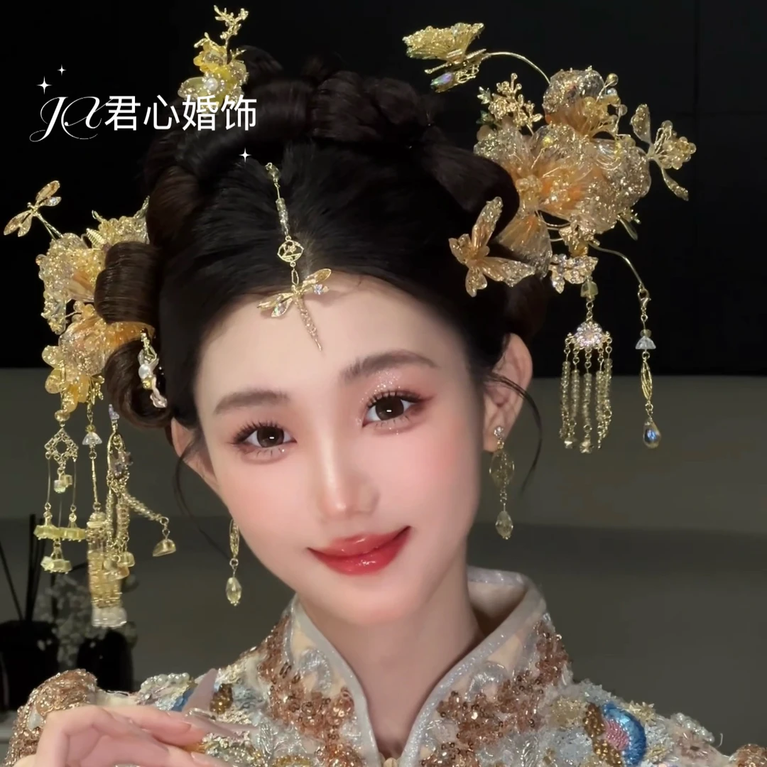 君心家 h4xs原创香槟色花朵流苏步摇不对称小钗额饰八件新娘头饰