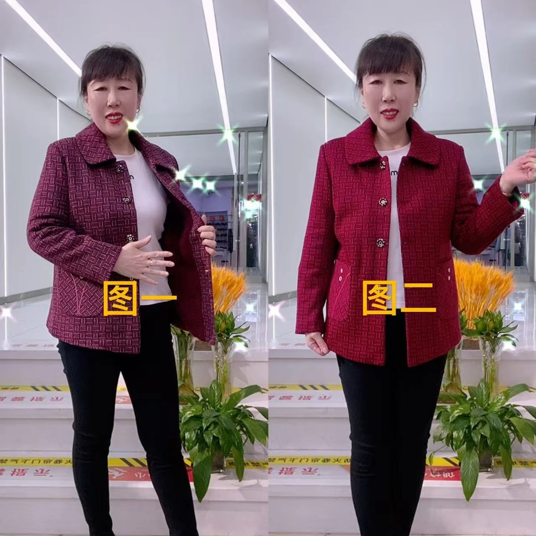 新款翻领长袖双兜加绒里中老年秋冬妈妈外套时尚上衣