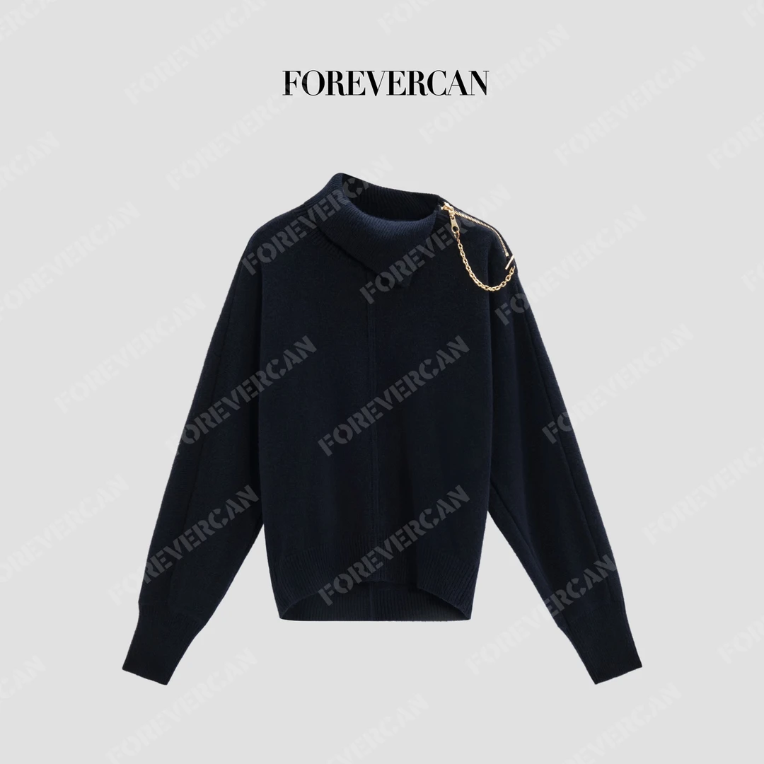 FOREVERCAN“帕尔玛”解构主义斜领拉链羊毛针织毛衣MY10177