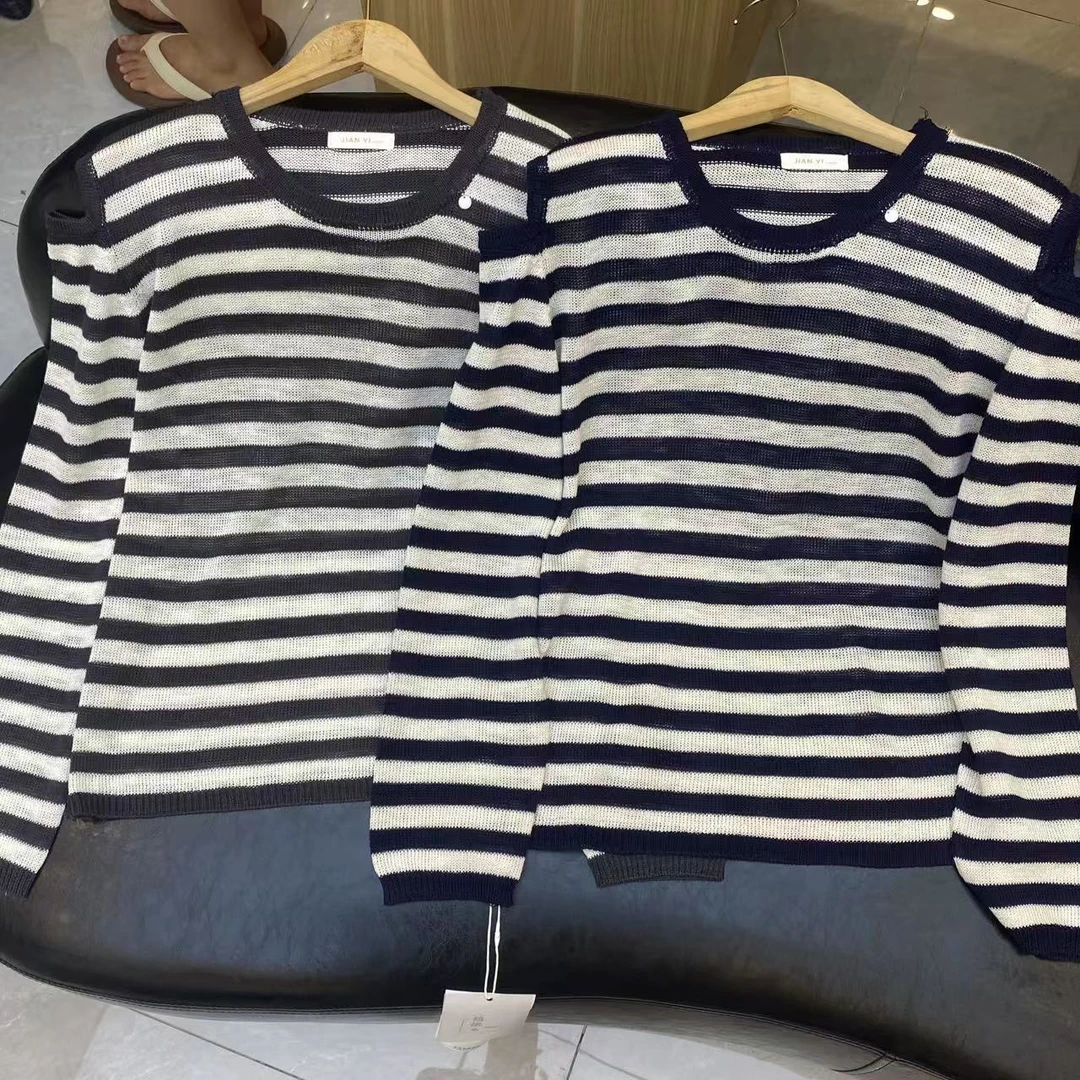 81063早秋圆领条纹宽松百搭长袖毛针织衫（衣长61cm左右）