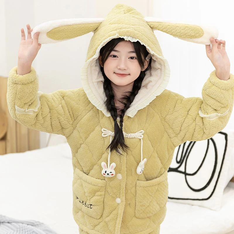 米乐奇儿童保暖套装蛋糕绒2024新款中大童冬季女童加绒超厚家居服