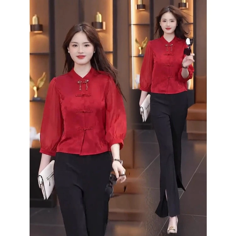 拉夏贝尔提花七分袖中袖新中式衬衫2025秋季中国风时尚复古小衫衣