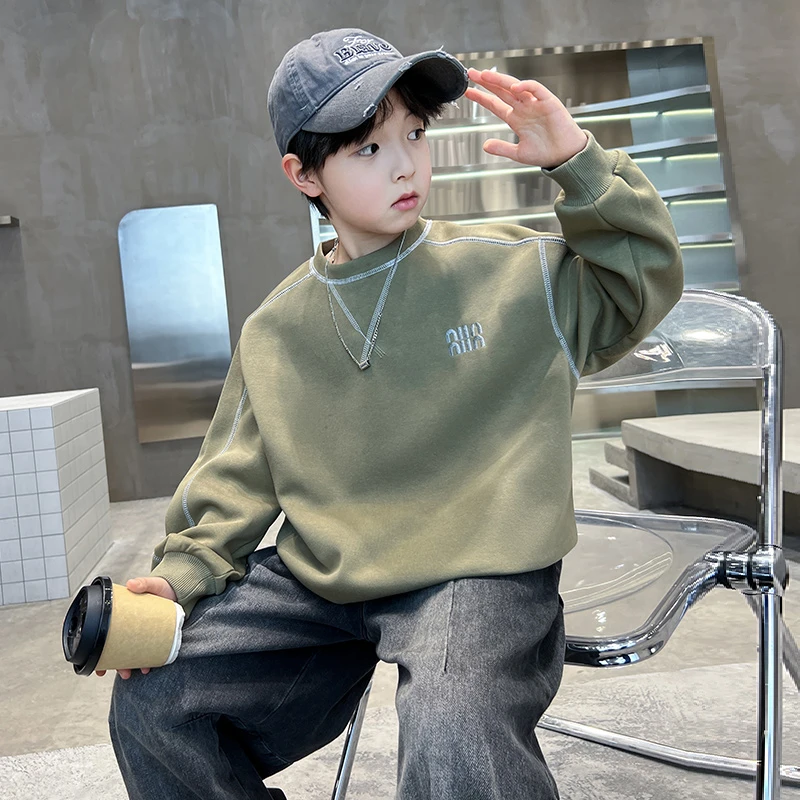 男童明线装饰绿色卫衣春秋款2025新款儿童休闲百搭长袖上衣中大童