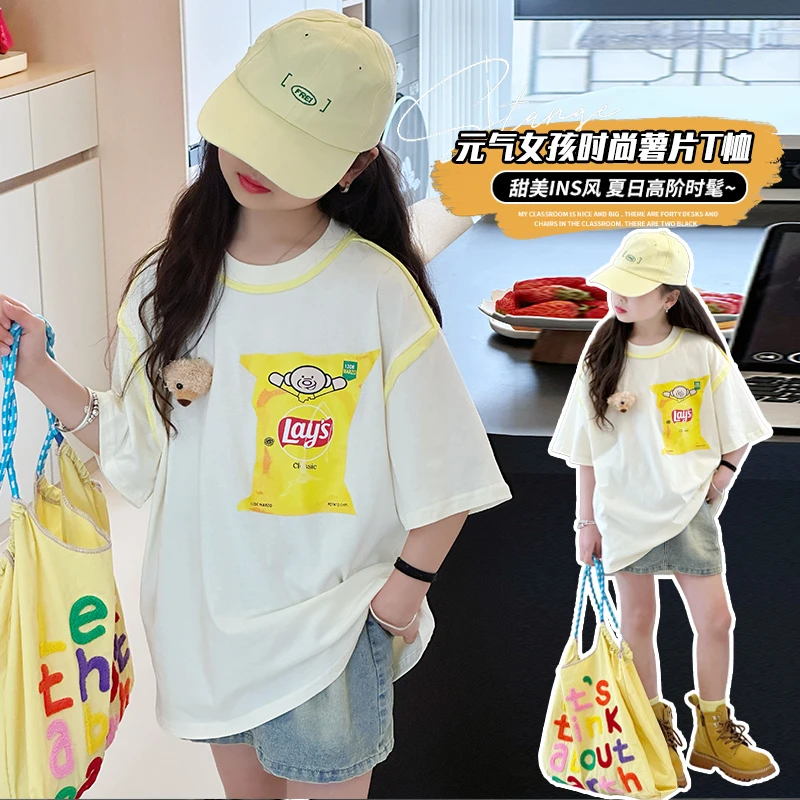 女童短袖T恤2025新款夏季女孩拼色卡通体恤大童夏装宽松休闲上衣