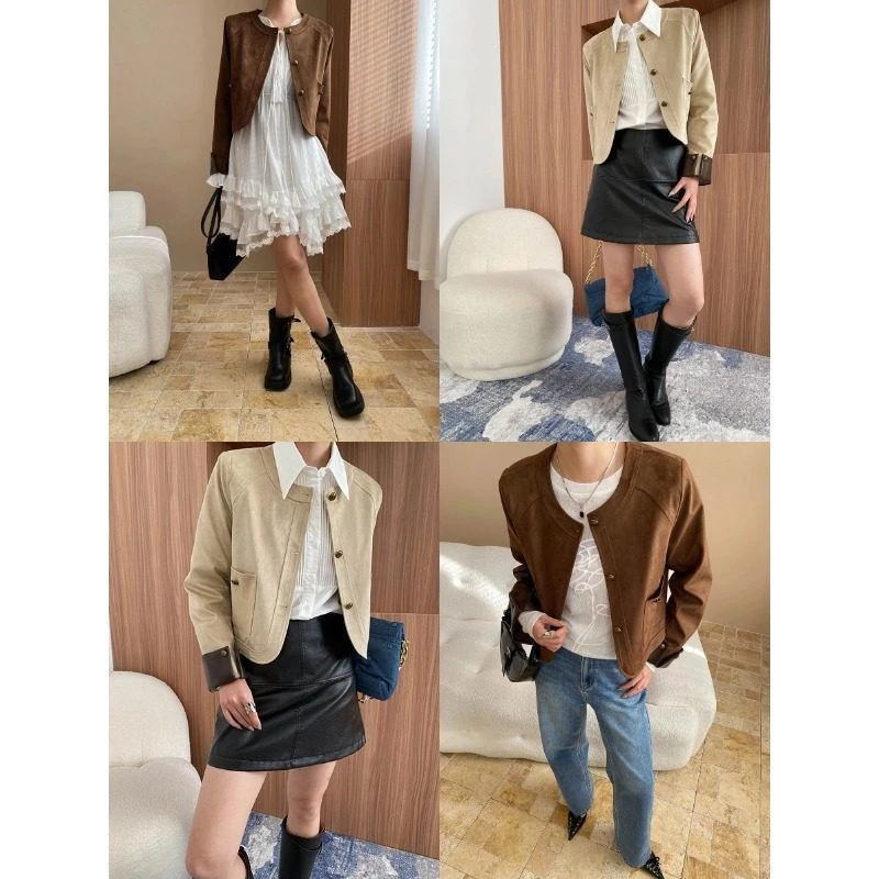 早春新款 复古气质仿麂皮绒圆领金扣夹克外套小个子 SN7092