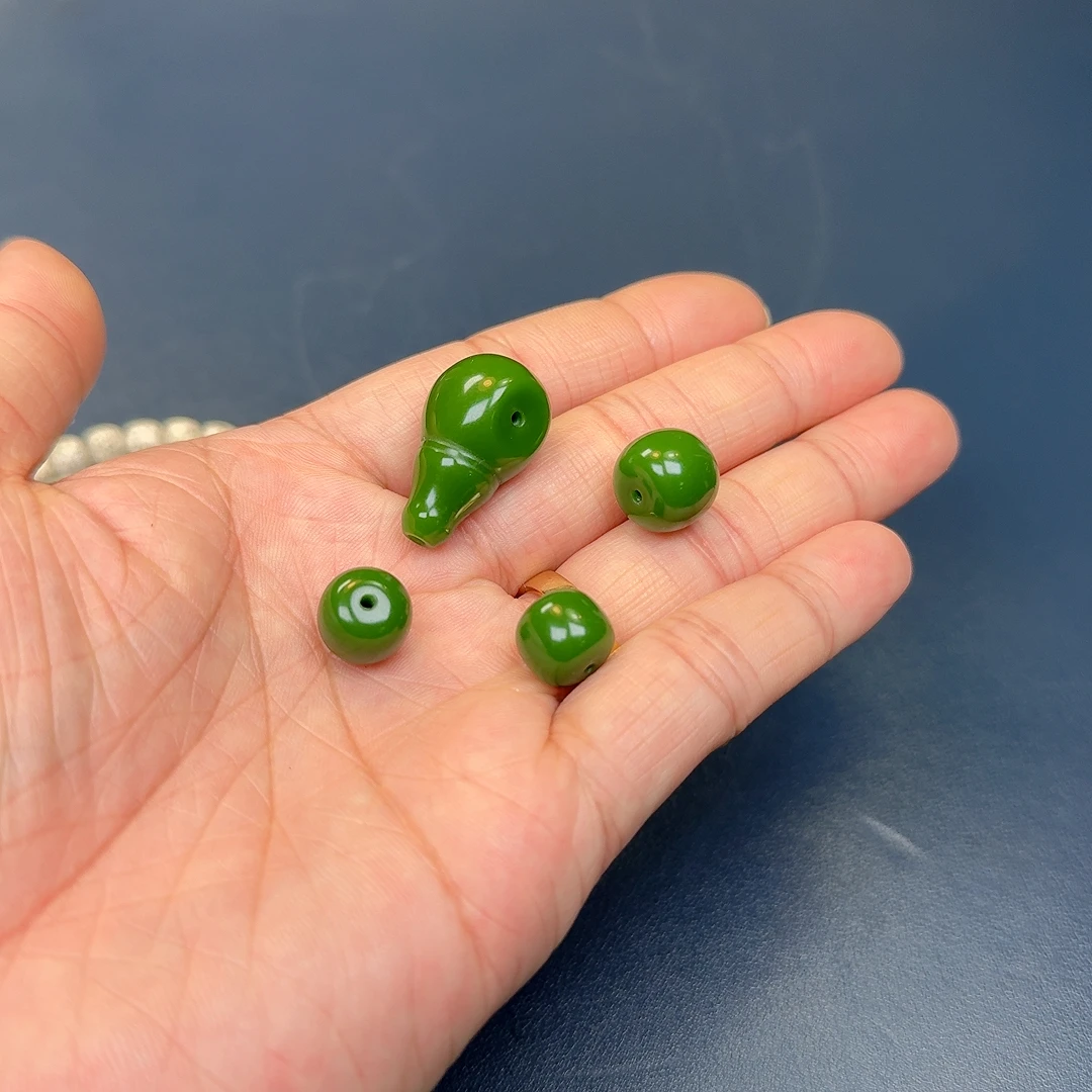 翠绿色古法精工琉璃配饰一套可配菩提包含三通腰珠顶珠油绿荧润