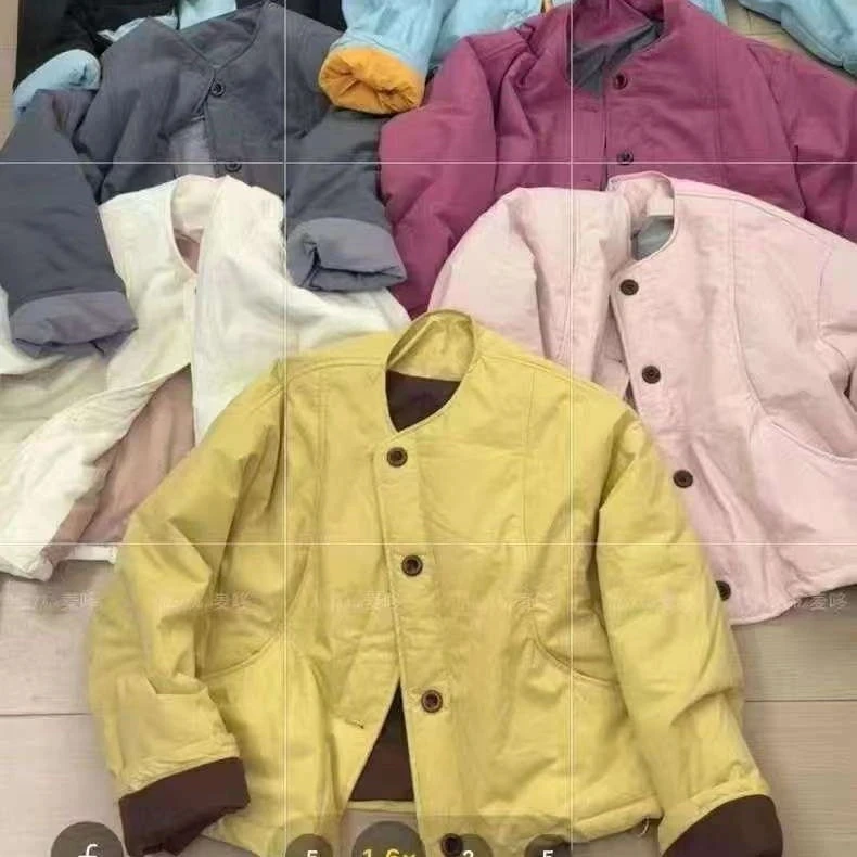 5861韩系圆领单排扣撞色秋冬女夹棉外套简约时尚保暖棉衣