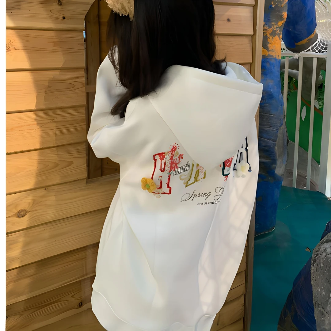 甜妹卫衣女春秋季2025新款薄款美式立体毛线花朵刺绣宽松连帽外套