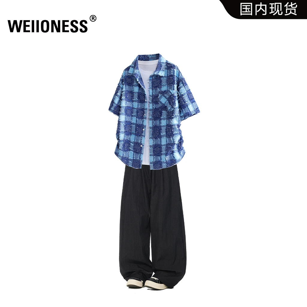 WEIIONESS格子短袖衬衫套装男2025夏季宽松两件套高级感痞帅男装