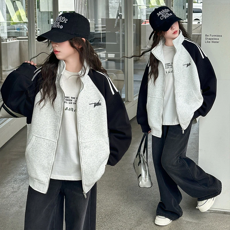 女童春秋季运动风休闲风普通外套百搭立领美式小女孩加棉加厚套装