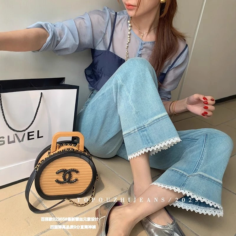 浅蓝色蕾丝花边牛仔裤女夏季新款高腰显瘦小个子九分四面弹直筒裤