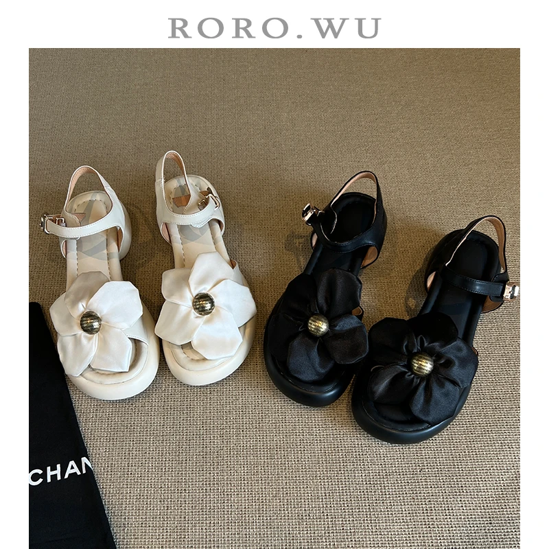 娆娆吴·羊皮厚底小个子花朵增高日常百搭凉鞋T145