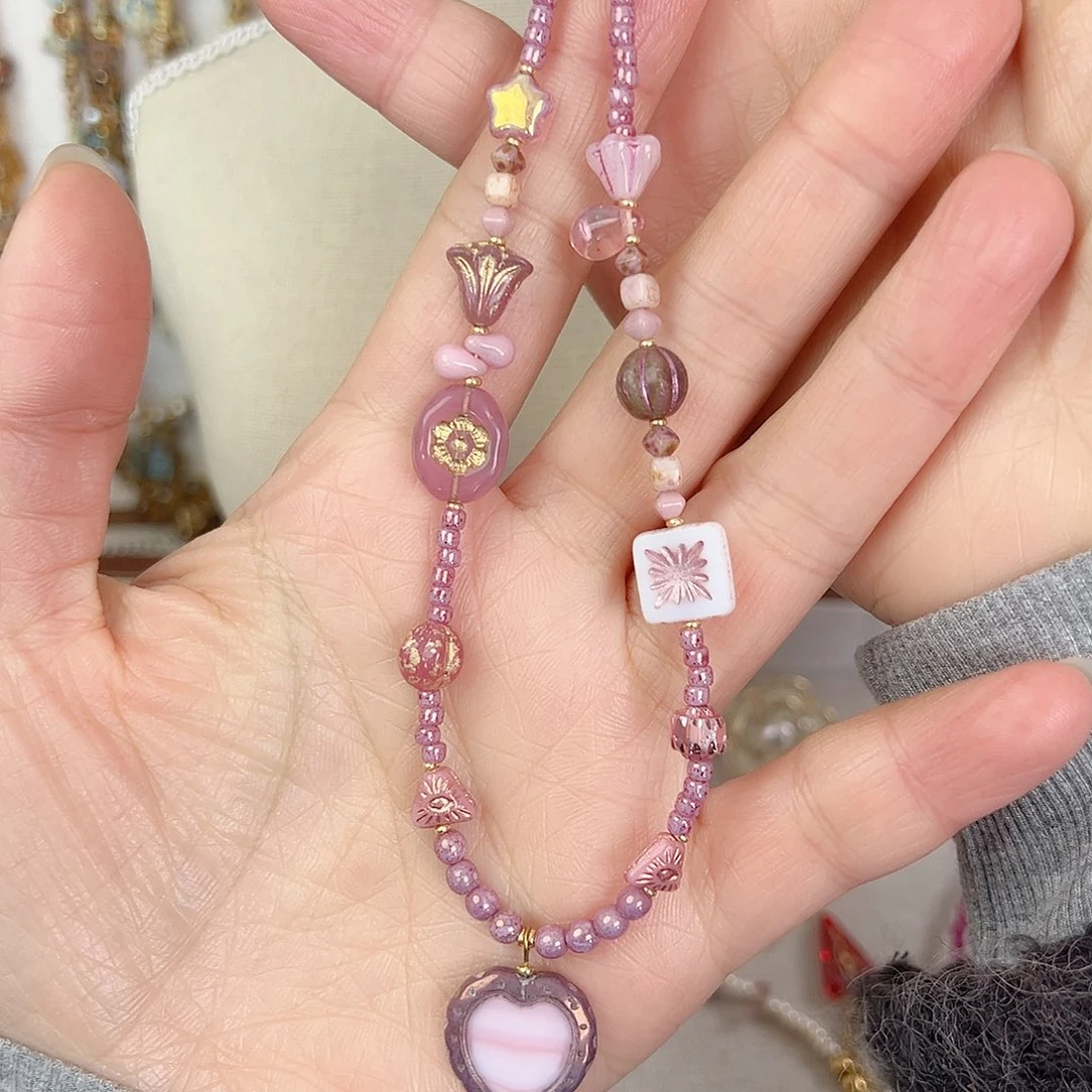 琉璃钛钢玻璃钛钢紫粉爱心项链