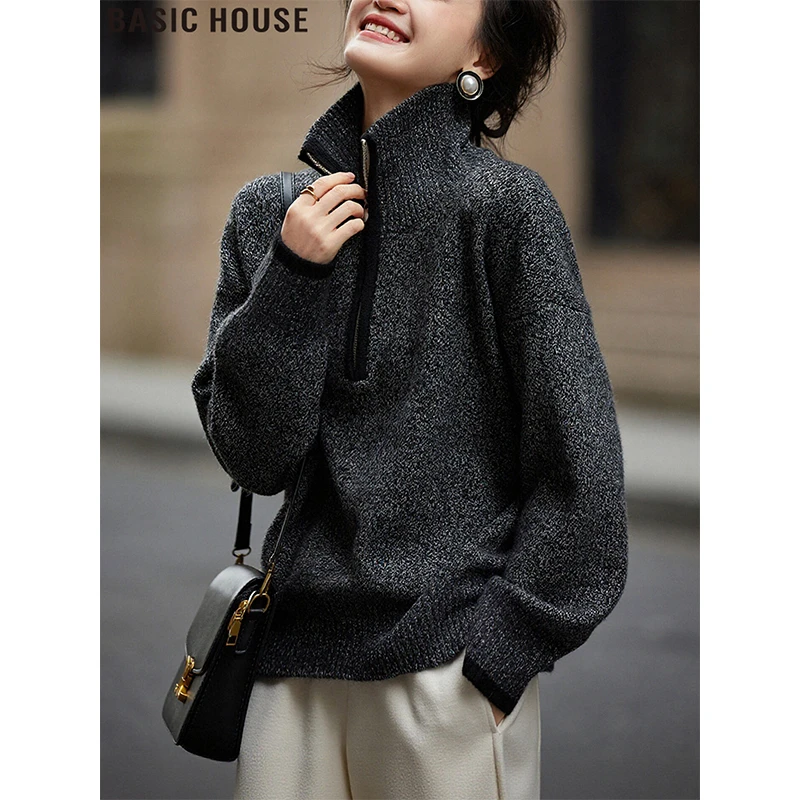 Basic House/百家好灰色立领长袖针织衫慵懒风半拉链毛衣女2025冬