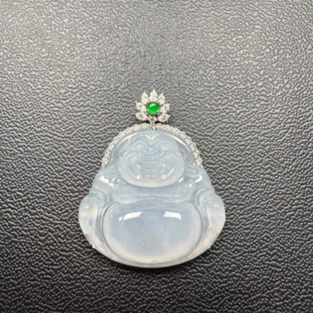 天然缅料翡翠K白镶嵌紫底佛公