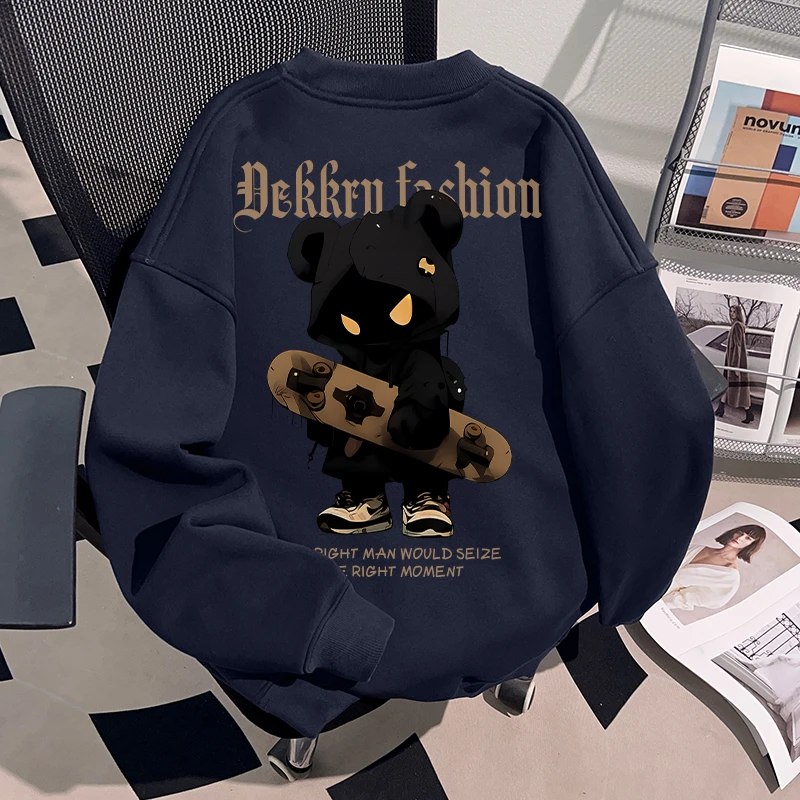 Dekkry秋冬卡通字母印花藏青色圆领卫衣男女加绒百搭套头宽松上衣