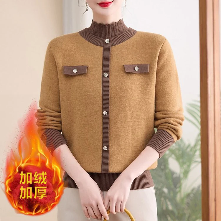秋冬时尚飘带毛衣加绒加厚一体绒妈妈装保暖打底上衣24271