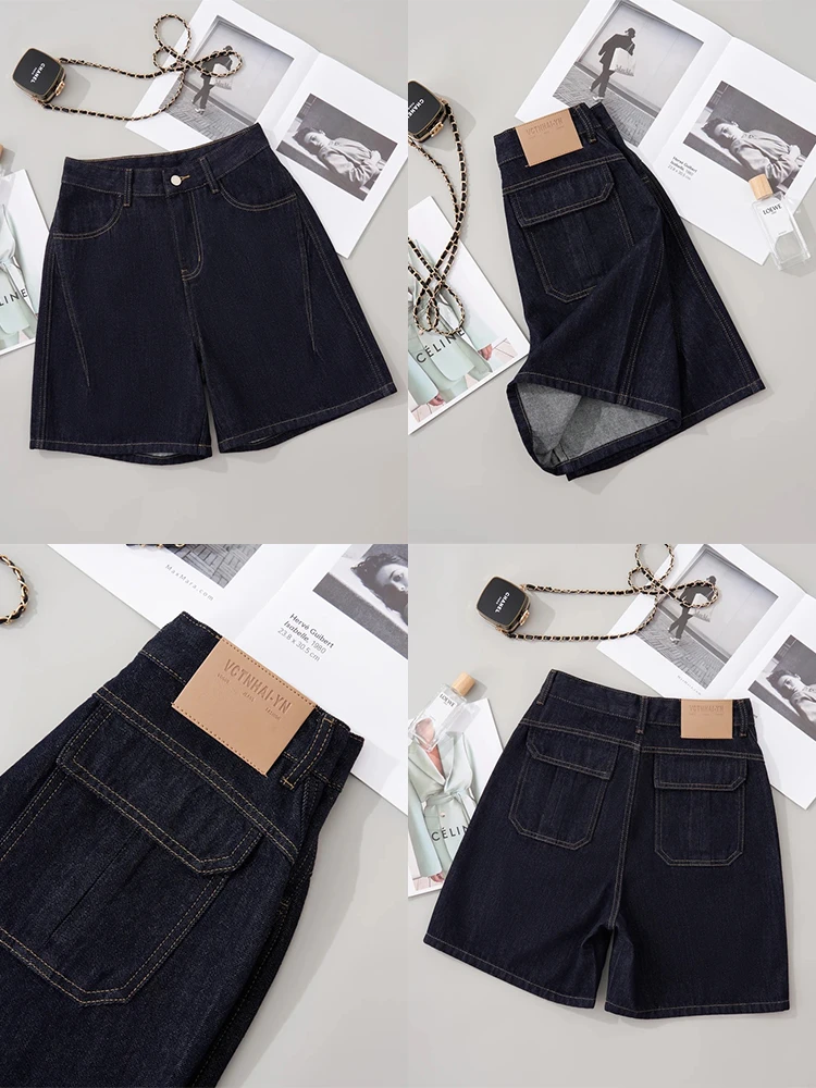 RR夏季薄款美型丹宁蓝高腰洋气牛仔短裤直筒百搭潮流休闲风时尚女