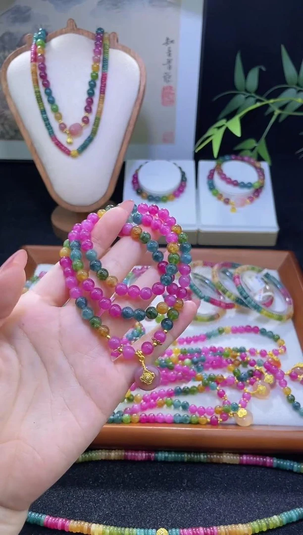 【老矿】天然碧玺搭配平安扣三圈手串6mm多样性发