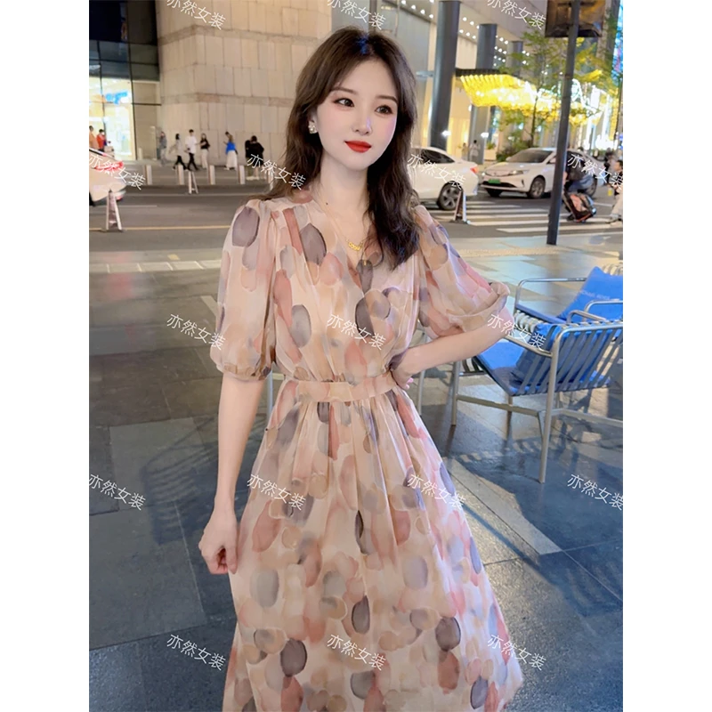 粉色泡泡花连衣裙女V领气质显瘦高级感温柔风短袖中长裙女