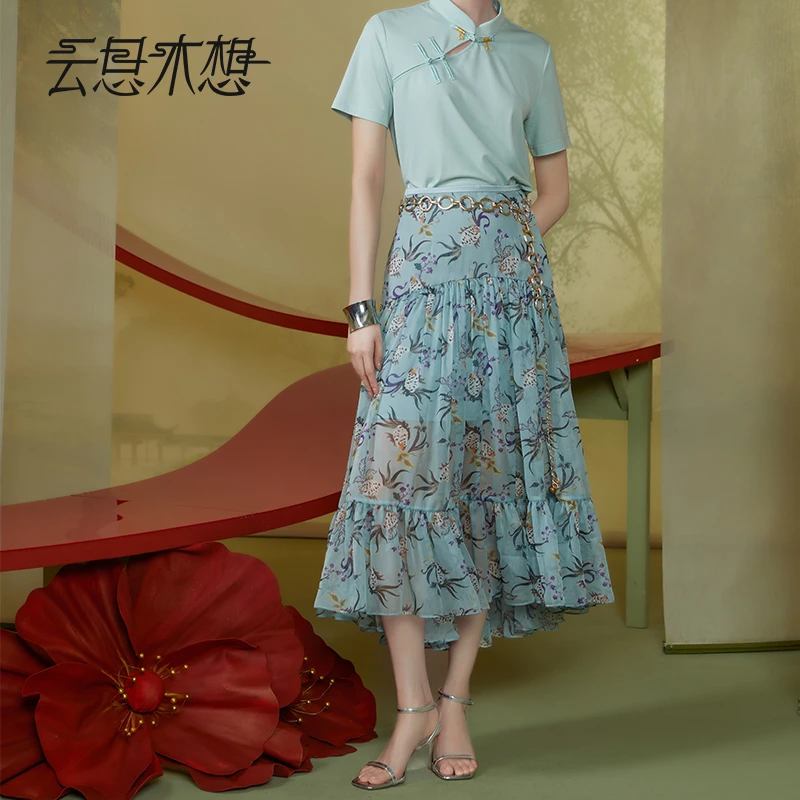 Ysimo-X云思木想原创中国风2024夏绣新款花彩游鱼印花半身裙11852