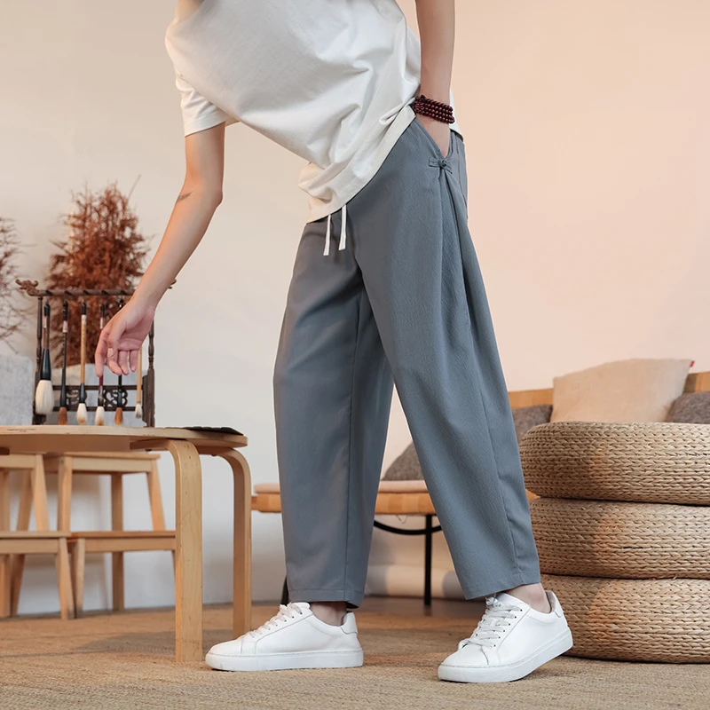 中国风夏季轻薄款透气裤子男夏季新中式盘扣休闲裤宽松直筒哈伦裤