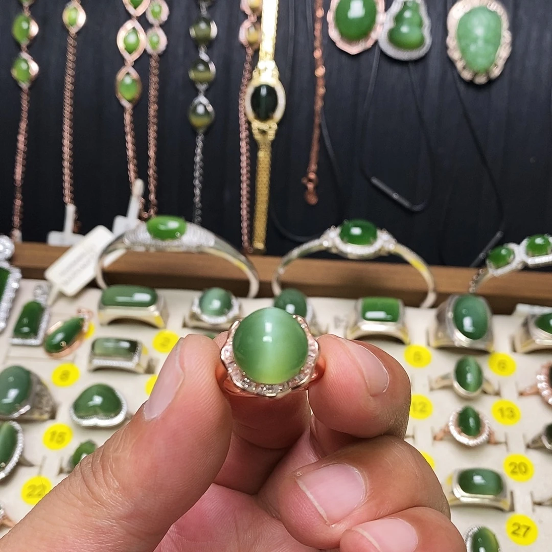 大***宝银S925镶嵌戒指和田玉（碧玉）