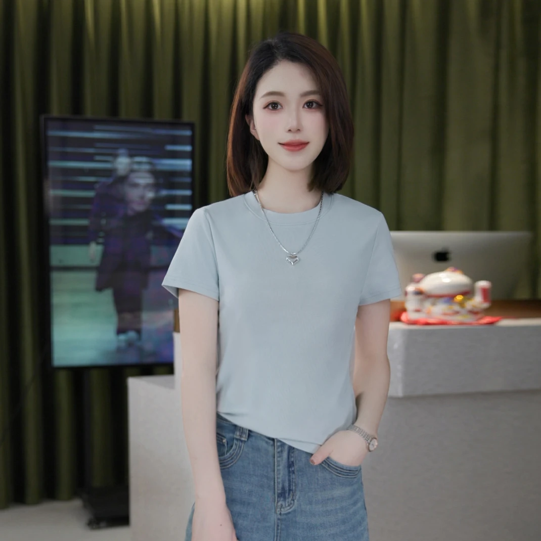 艾格【纯色0压感】简约修身圆领短袖 2025年新款百搭休闲潮流t恤女