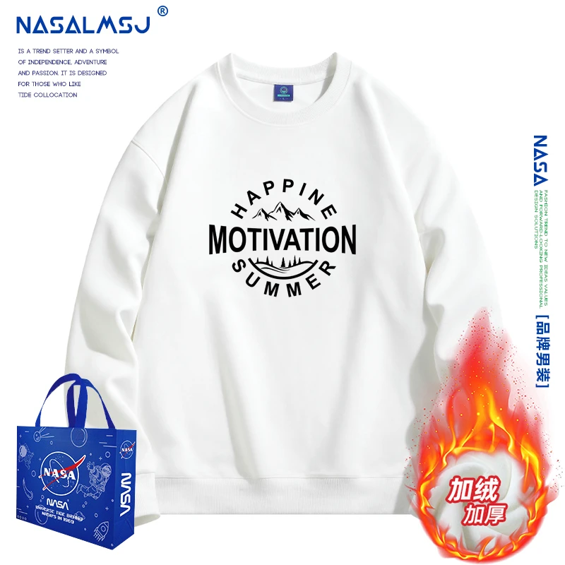 NASA原创白色加绒圆领卫衣男秋冬款宽松长袖百搭印花套头保暖外套