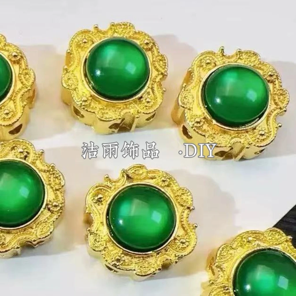 (洁雨饰品 DIY)  P675  金底绿仿猫眼圆形花八通diy串珠配饰