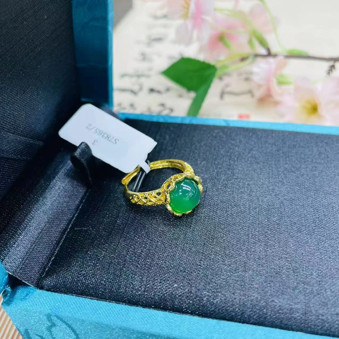 天然玉石 JZH55 简约时尚镶嵌满绿蛋面开口戒指多样性发其一