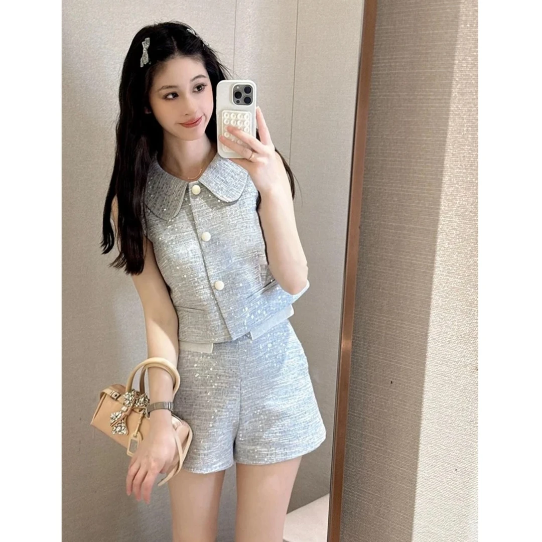 韩系高级感穿搭套装2025夏季新款减龄千金名媛气质娃娃领背心短裤
